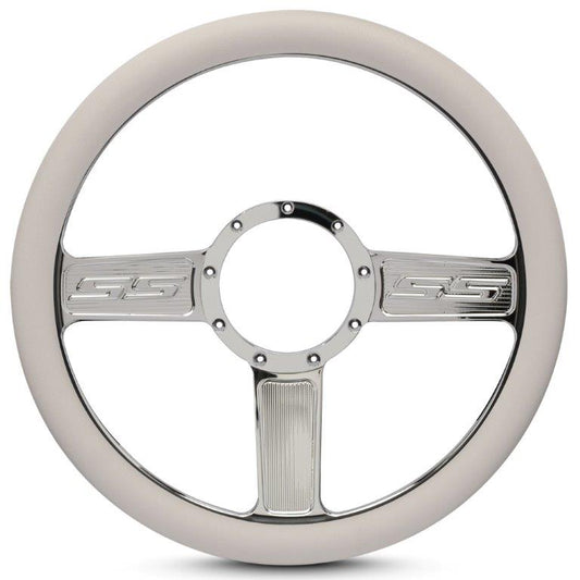 Steering Wheel,SS logo,Aluminum,13 3/4,Half-wrap,Made in the USA,Chrome spokes,White grip