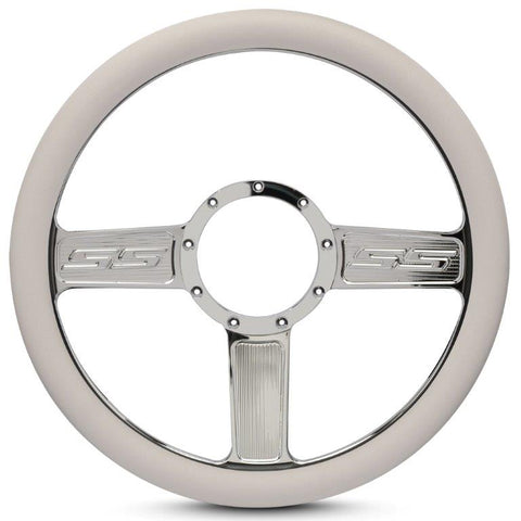 Steering Wheel,SS logo,Aluminum,13 3/4,Half-wrap,Made in the USA,bright clear coat spokes,White grip