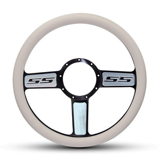 Steering Wheel,SS logo,Aluminum,13 3/4,Half-wrap,Made in USA,Black spokes with machined highlights,White grip