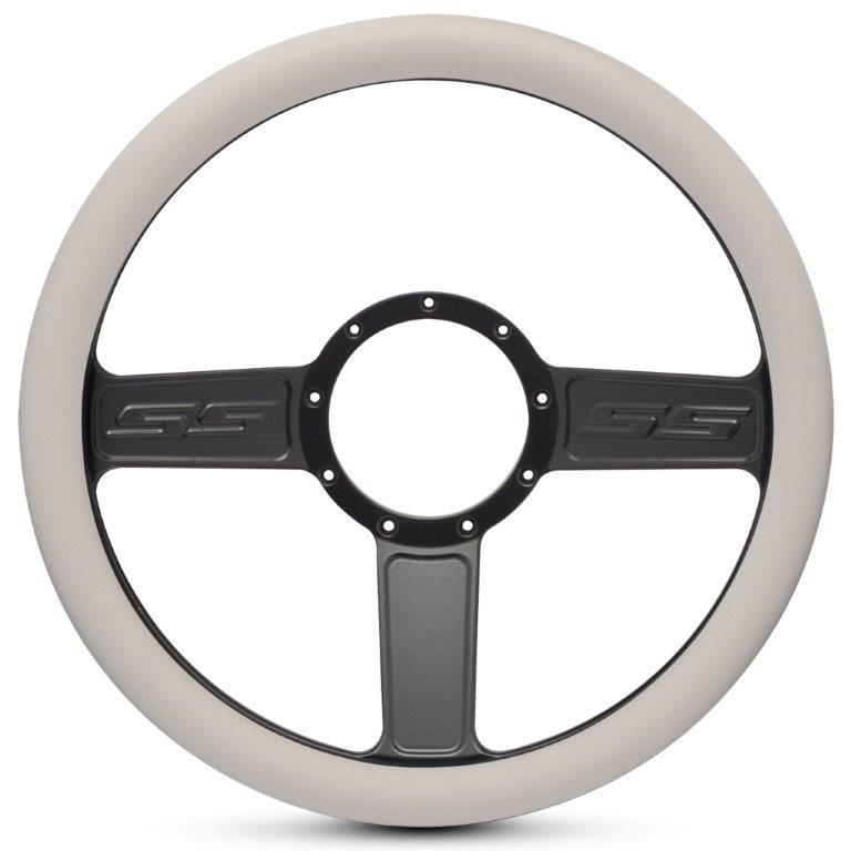 Steering Wheel,SS logo,Aluminum,13 3/4,Half-wrap,Made in the USA,Matte black Fusioncoat spokes,White grip