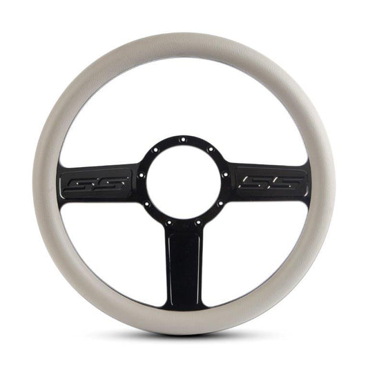 Steering Wheel,SS logo,Aluminum,13 3/4,Half-wrap,Made in the USA,Gloss black anodized spokes,Grey grip