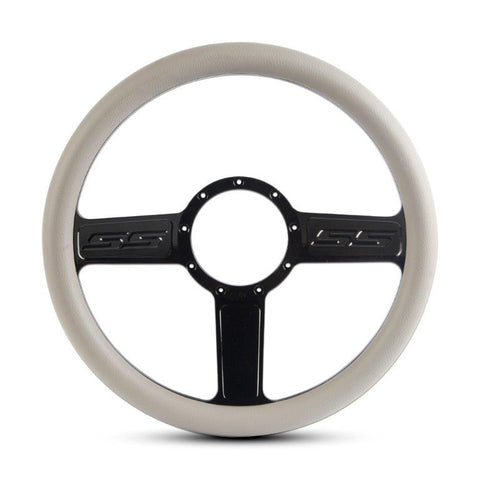 Steering Wheel,SS logo,Aluminum,13 3/4,Half-wrap,Made in the USA,Gloss black anodized spokes,Grey grip