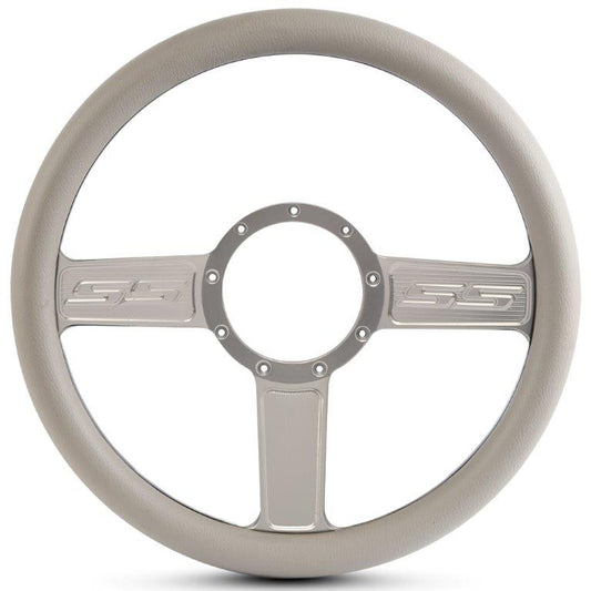 Steering Wheel,SS logo,Aluminum,13 3/4,Half-wrap,Made in the USA,Clear anodized spokes,Grey grip