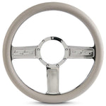 Steering Wheel,SS logo,Aluminum,13 3/4,Half-wrap,Made in the USA,Chrome spokes,Grey grip