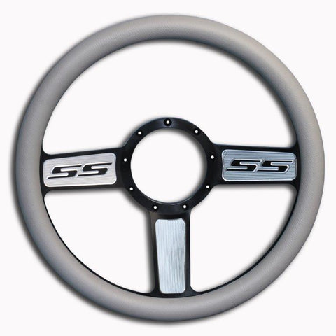 Steering Wheel,SS logo,Aluminum,13 3/4,Half-wrap,Made in USA,Black spokes with machined highlights,Grey grip