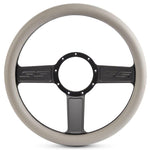 Steering Wheel,SS logo,Aluminum,13 3/4,Half-wrap,Made in the USA,Matte black Fusioncoat spokes,Grey grip