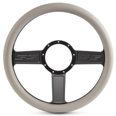 Steering Wheel,SS logo,Aluminum,13 3/4,Half-wrap,Made in the USA,Matte black Fusioncoat spokes,Grey grip