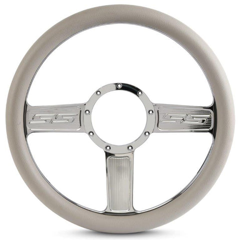 Steering Wheel,SS logo,Aluminum,13 3/4,Half-wrap,Made in the USA,Bright polished spokes,Grey grip