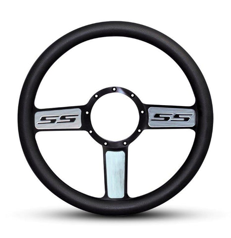 Steering Wheel,SS logo,Aluminum,13 3/4,Half-wrap,Made in USA,Black spokes with machined highlights,Black grip
