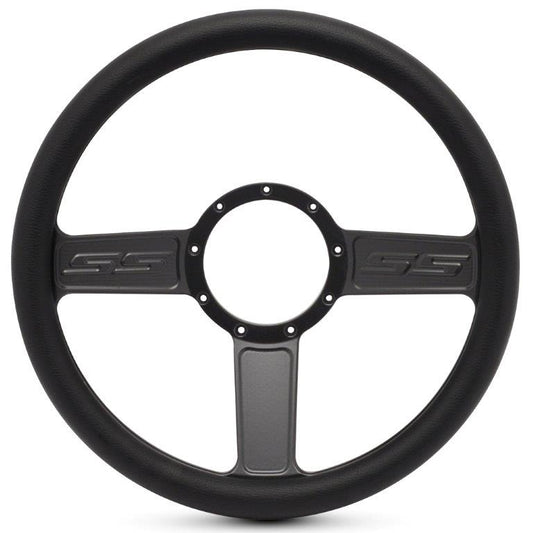 Steering Wheel,SS logo,Aluminum,13 3/4,Half-wrap,Made in the USA,Matte black Fusioncoat spokes,Black grip