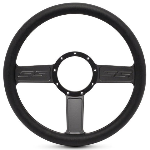 Steering Wheel,SS logo,Aluminum,13 3/4,Half-wrap,Made in the USA,Matte black Fusioncoat spokes,Black grip
