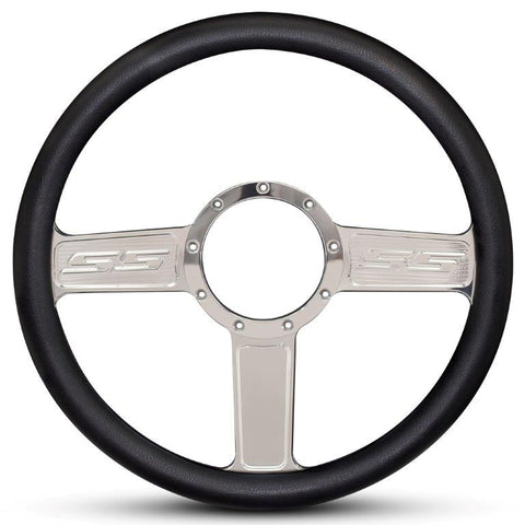 Steering Wheel,SS logo,Aluminum,13 3/4,Half-wrap,Made in the USA,Bright polished spokes,Black grip