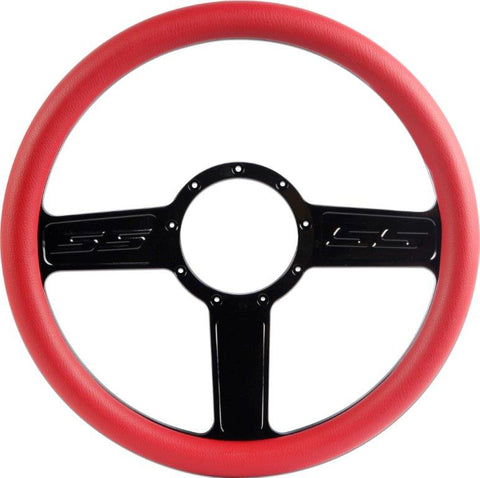 Steering Wheel,SS logo,Aluminum,13 3/4,Half-wrap,Made in the USA,Gloss black anodized spokes,Red grip