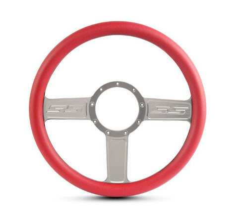 Steering Wheel,SS logo,Aluminum,13 3/4,Half-wrap,Made in the USA,Clear anodized spokes,Red grip