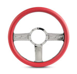 Steering Wheel,SS logo,Aluminum,13 3/4,Half-wrap,Made in the USA,Chrome spokes,Red grip