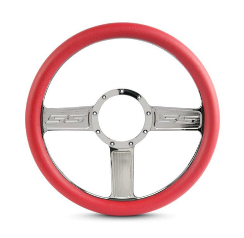 Steering Wheel,SS logo,Aluminum,13 3/4,Half-wrap,Made in the USA,Chrome spokes,Red grip
