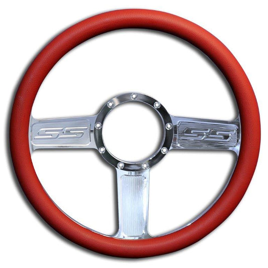 Steering Wheel,SS logo,Aluminum,13 3/4,Half-wrap,Made in the USA,bright clear coat spokes,Red grip