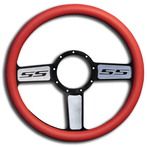 Steering Wheel,SS logo,Aluminum,13 3/4,Half-wrap,Made in USA,Black spokes with machined highlights,Red grip