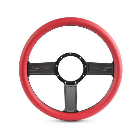 Steering Wheel,SS logo,Aluminum,13 3/4,Half-wrap,Made in the USA,Matte black Fusioncoat spokes,Red grip