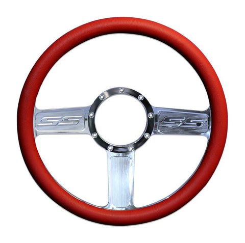 Steering Wheel,SS logo,Aluminum,13 3/4,Half-wrap,Made in the USA,Bright polished spokes,Red grip