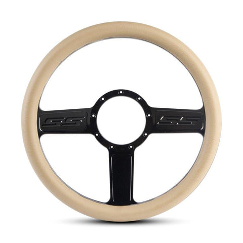 Steering Wheel,SS logo,Aluminum,13 3/4,Half-wrap,Made in the USA,Gloss black anodized spokes,Tan grip
