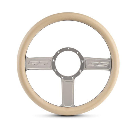 Steering Wheel,SS logo,Aluminum,13 3/4,Half-wrap,Made in the USA,Clear anodized spokes,Tan grip