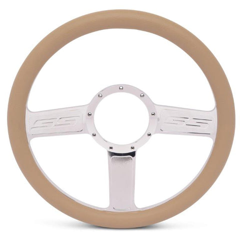 Steering Wheel,SS logo,Aluminum,13 3/4,Half-wrap,Made in the USA,Chrome spokes,Tan grip