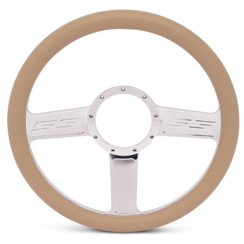 Steering Wheel,SS logo,Aluminum,13 3/4,Half-wrap,Made in the USA,bright clear coat spokes,Tan grip