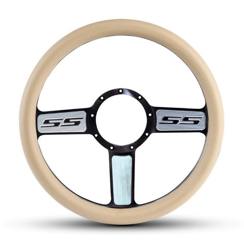 Steering Wheel,SS logo,Aluminum,13 3/4,Half-wrap,Made in USA,Black spokes with machined highlights,Tan grip