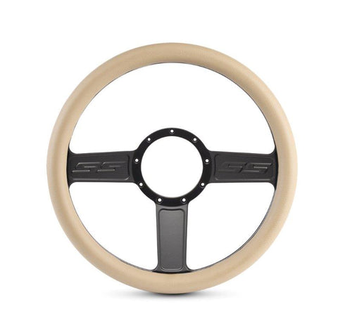 Steering Wheel,SS logo,Aluminum,13 3/4,Half-wrap,Made in the USA,Matte black Fusioncoat spokes,Tan grip