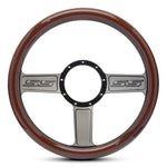 Steering Wheel,Aluminum,13 3/4",Half-wrap,SS logo,Made In USA,Gloss black anodize spokes,Wood grip