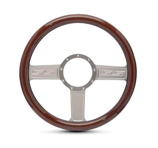 Steering Wheel,Aluminum,13 3/4",Half-wrap,SS logo,Made In USA,Clear anodize spokes,Wood grip