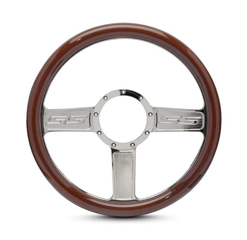 Steering Wheel,Aluminum,13 3/4",Half-wrap,SS logo,Made In USA,Chrome plated spokes,Wood grip