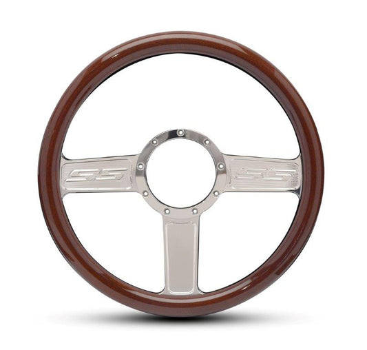 Steering Wheel,Aluminum,13 3/4",Half-wrap,SS logo,Made In USA,Bright clear coat spokes,Wood grip