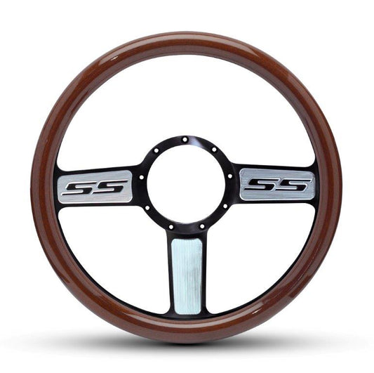 Steering Wheel,Aluminum,13 3/4",Half-wrap,SS logo,Made In USA,Black spokes with machine highlights,Wood grip