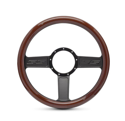 Steering Wheel,Aluminum,13 3/4",Half-wrap,SS logo,Made In USA,Matte black spokes,Wood grip