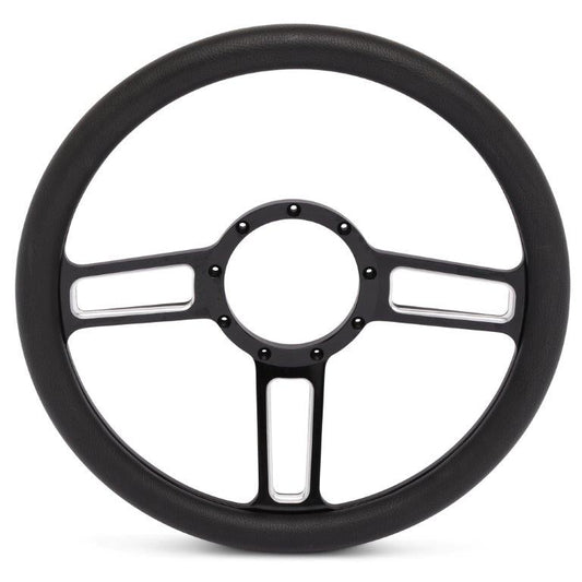 Steering Wheel,Launch style,Aluminum,13 3/4,Half-wrap,Made in the USA,Gloss black anodized spokes,Black grip