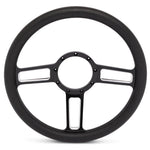 Steering Wheel,Launch style,Aluminum,13 3/4,Half-wrap,Made in the USA,Gloss black anodized spokes,Black grip