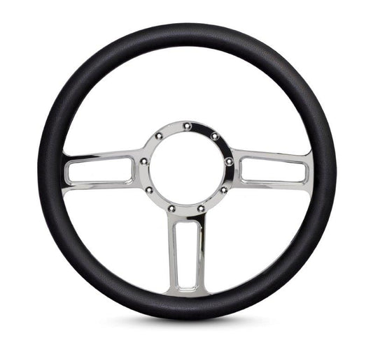 Steering Wheel,Launch style,Aluminum,13 3/4,Half-wrap,Made in the USA,Chrome spokes,Black grip