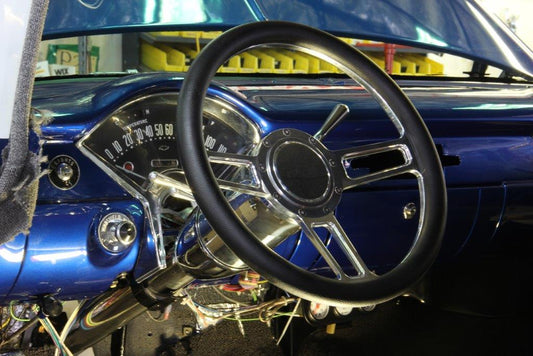 Steering Wheel,Launch style,Aluminum,13 3/4,Half-wrap,Made in the USA,bright clear coat spokes,Black grip