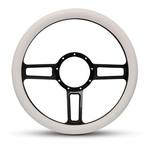 Steering Wheel,Launch style,Aluminum,13 3/4,Half-wrap,Made in the USA,Gloss black Fusioncoat spokes,White grip