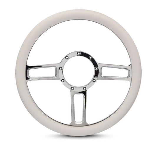 Steering Wheel,Launch style,Aluminum,13 3/4,Half-wrap,Made in the USA,Chrome spokes,White grip