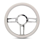 Steering Wheel,Launch style,Aluminum,13 3/4,Half-wrap,Made in the USA,Chrome spokes,White grip