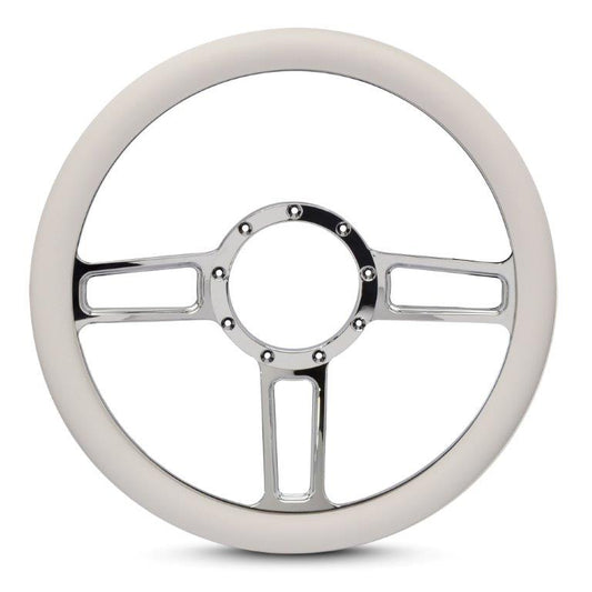 Steering Wheel,Launch style,Aluminum,13 3/4,Half-wrap,Made in the USA,bright clear coat spokes,White grip