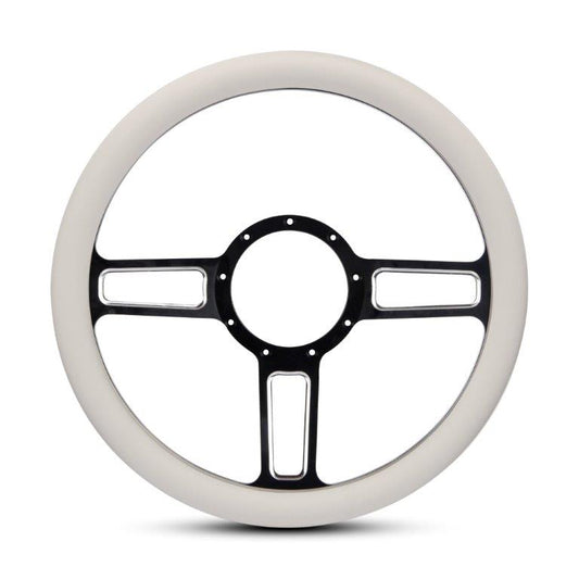 Steering Wheel,Launch style,Aluminum,13 3/4,Half-wrap,Made in USA,Black spokes w/machinedhighlights,White grip