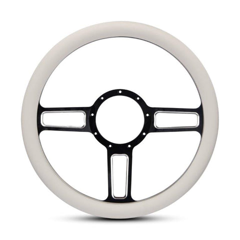 Steering Wheel,Launch style,Aluminum,13 3/4,Half-wrap,Made in USA,Black spokes w/machinedhighlights,White grip