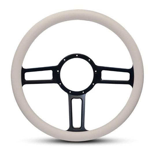 Steering Wheel,Launch style,Aluminum,13 3/4,Half-wrap,Made in the USA,Matte black Fusioncoat spokes,White grip