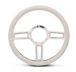 Steering Wheel,Launch style,Aluminum,13 3/4,Half-wrap,Made in the USA,Bright polished spokes,White grip