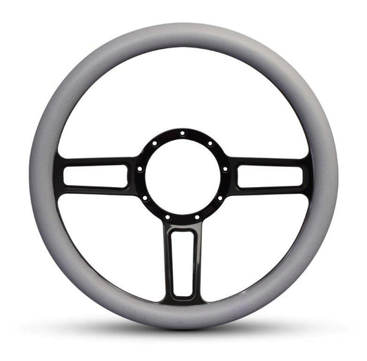 Steering Wheel,Launch style,Aluminum,13 3/4,Half-wrap,Made in the USA,Gloss black anodized spokes,Grey grip