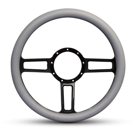 Steering Wheel,Launch style,Aluminum,13 3/4,Half-wrap,Made in the USA,Gloss black anodized spokes,Grey grip